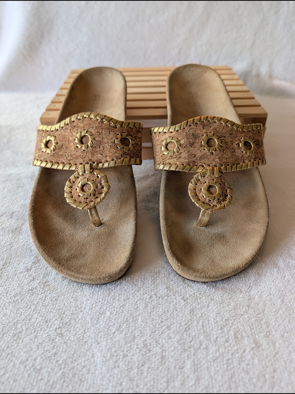 Jack Rogers Cork Thong Sandals with Gold Trim